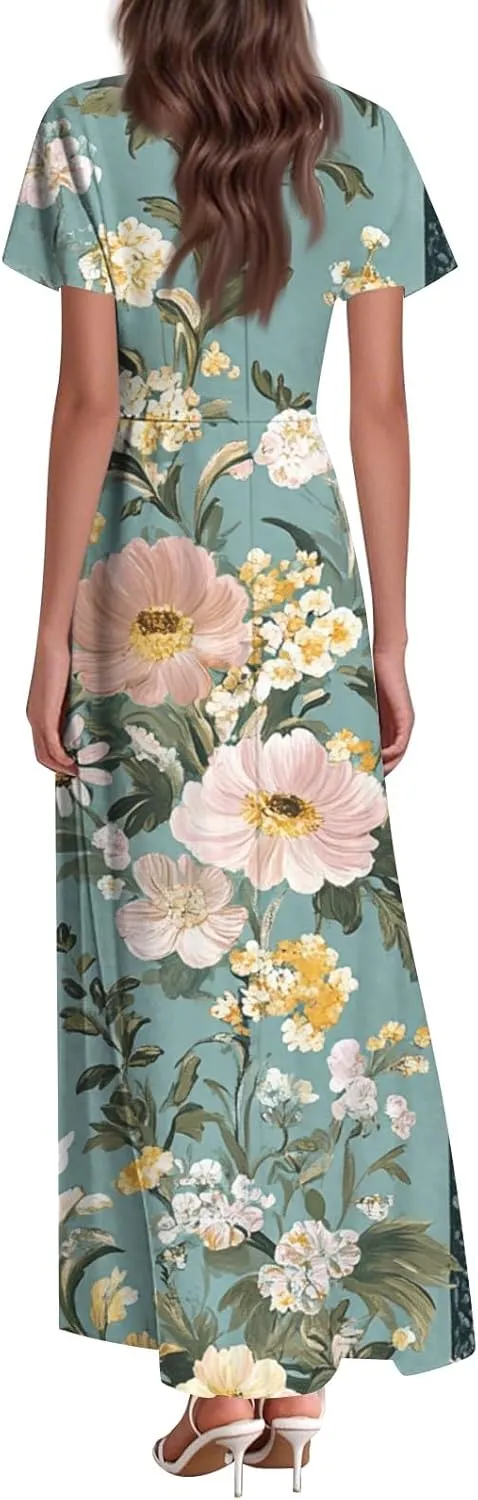 ZEFOTIM Maxi Dress for Women Sexy Floral Dress Short Sleeve V Neck Dresses