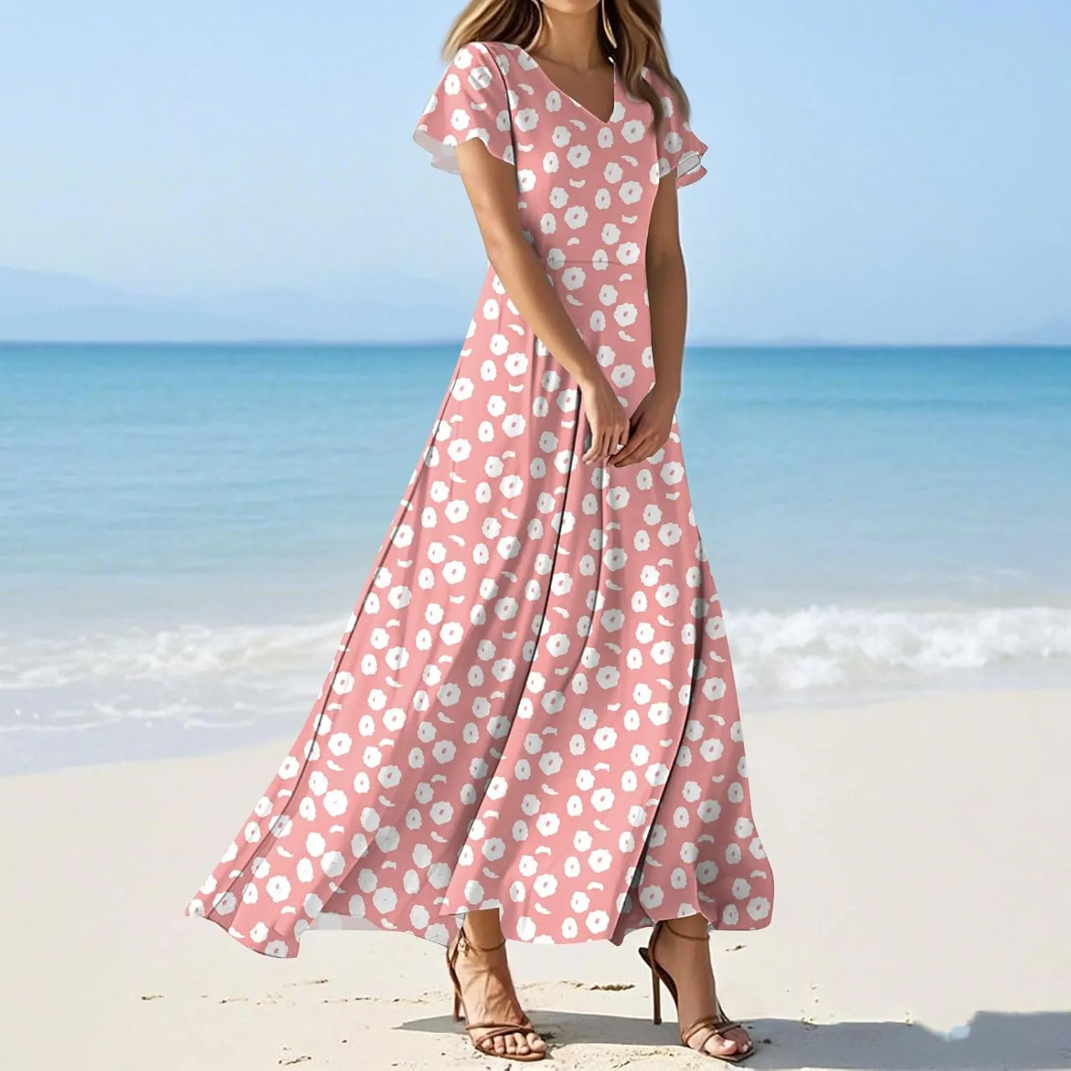 ZEFOTIM Maxi Dress for Women Sexy Floral Dress Short Sleeve V Neck Dresses