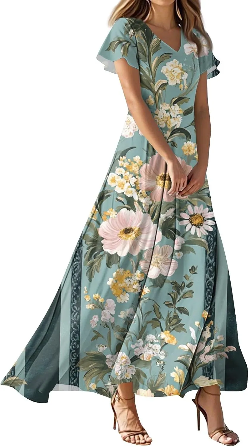 ZEFOTIM Maxi Dress for Women Sexy Floral Dress Short Sleeve V Neck Dresses