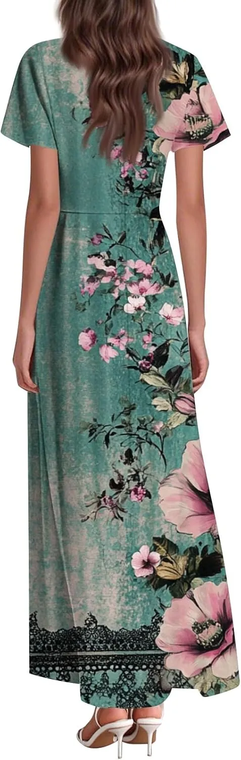 ZEFOTIM Maxi Dresses for Women 2025 Holiday Floral Dress Short Sleeve V Neck Dresses