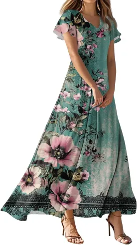 ZEFOTIM Maxi Dresses for Women 2025 Holiday Floral Dress Short Sleeve V Neck Dresses
