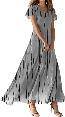 ZEFOTIM Maxi Dresses for Women 2025 Holiday Floral Dress Short Sleeve V Neck Dresses