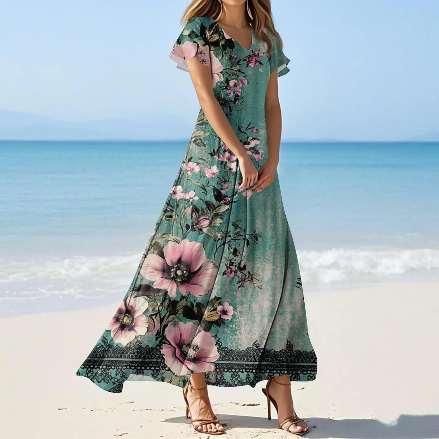 ZEFOTIM Maxi Dresses for Women 2025 Holiday Floral Dress Short Sleeve V Neck Dresses