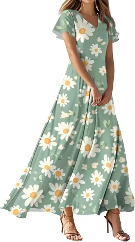 ZEFOTIM Maxi Dresses for Women 2025 Holiday Floral Dress Short Sleeve V Neck Dresses