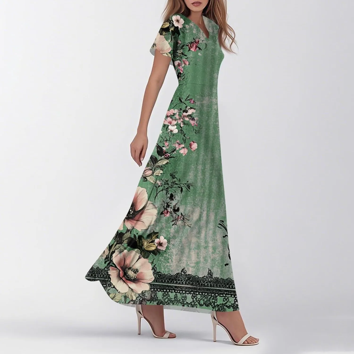 ZEFOTIM Maxi Dresses for Women 2025 Holiday Floral Dress Short Sleeve V Neck Dresses