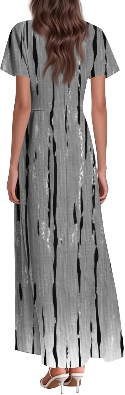 ZEFOTIM Maxi Dresses for Women 2025 Holiday Floral Dress Short Sleeve V Neck Dresses