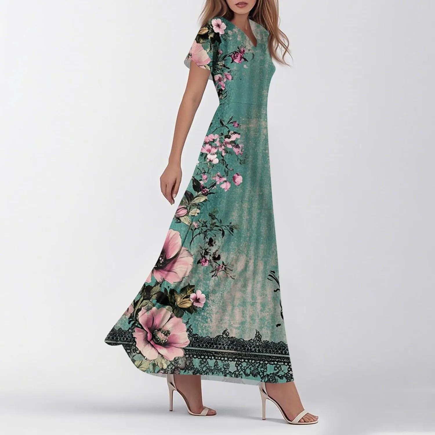 ZEFOTIM Maxi Dresses for Women 2025 Holiday Floral Dress Short Sleeve V Neck Dresses