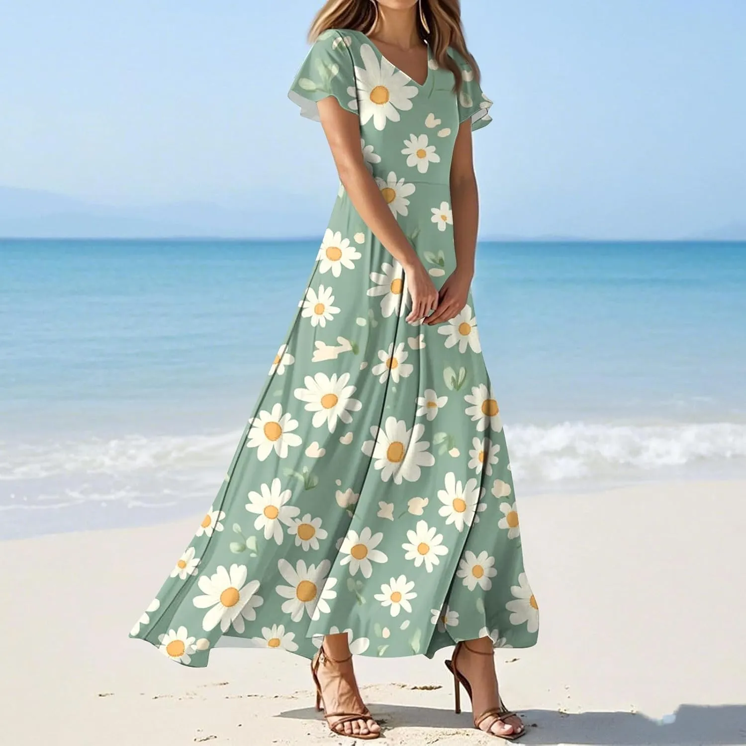 ZEFOTIM Maxi Dresses for Women 2025 Holiday Floral Dress Short Sleeve V Neck Dresses