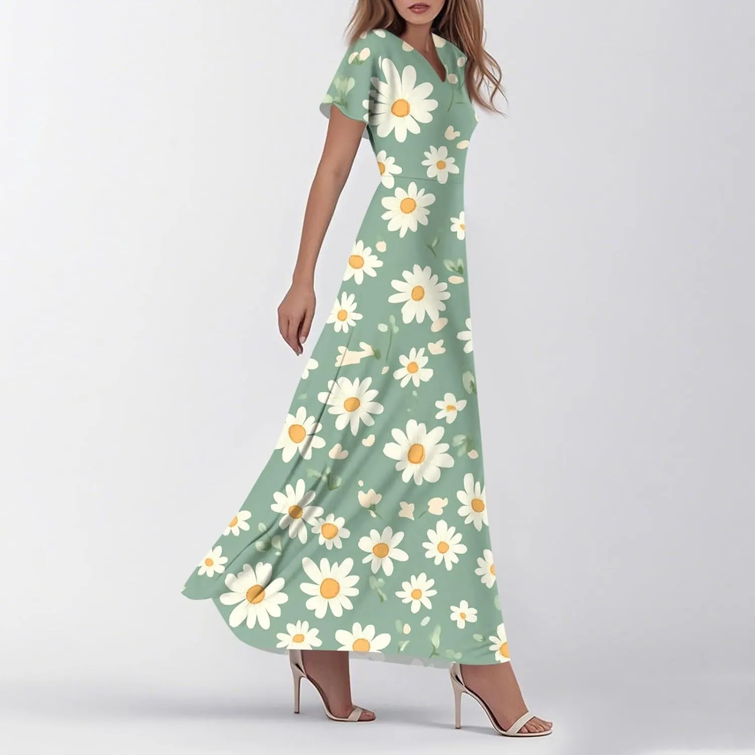 ZEFOTIM Maxi Dresses for Women 2025 Holiday Floral Dress Short Sleeve V Neck Dresses