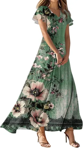ZEFOTIM Maxi Dresses for Women 2025 Holiday Floral Dress Short Sleeve V Neck Dresses