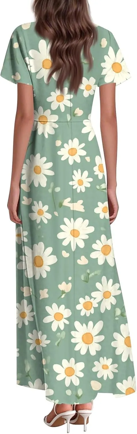 ZEFOTIM Maxi Dresses for Women 2025 Holiday Floral Dress Short Sleeve V Neck Dresses
