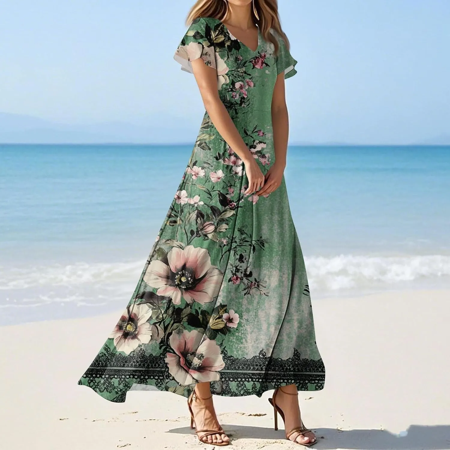 ZEFOTIM Maxi Dresses for Women 2025 Holiday Floral Dress Short Sleeve V Neck Dresses