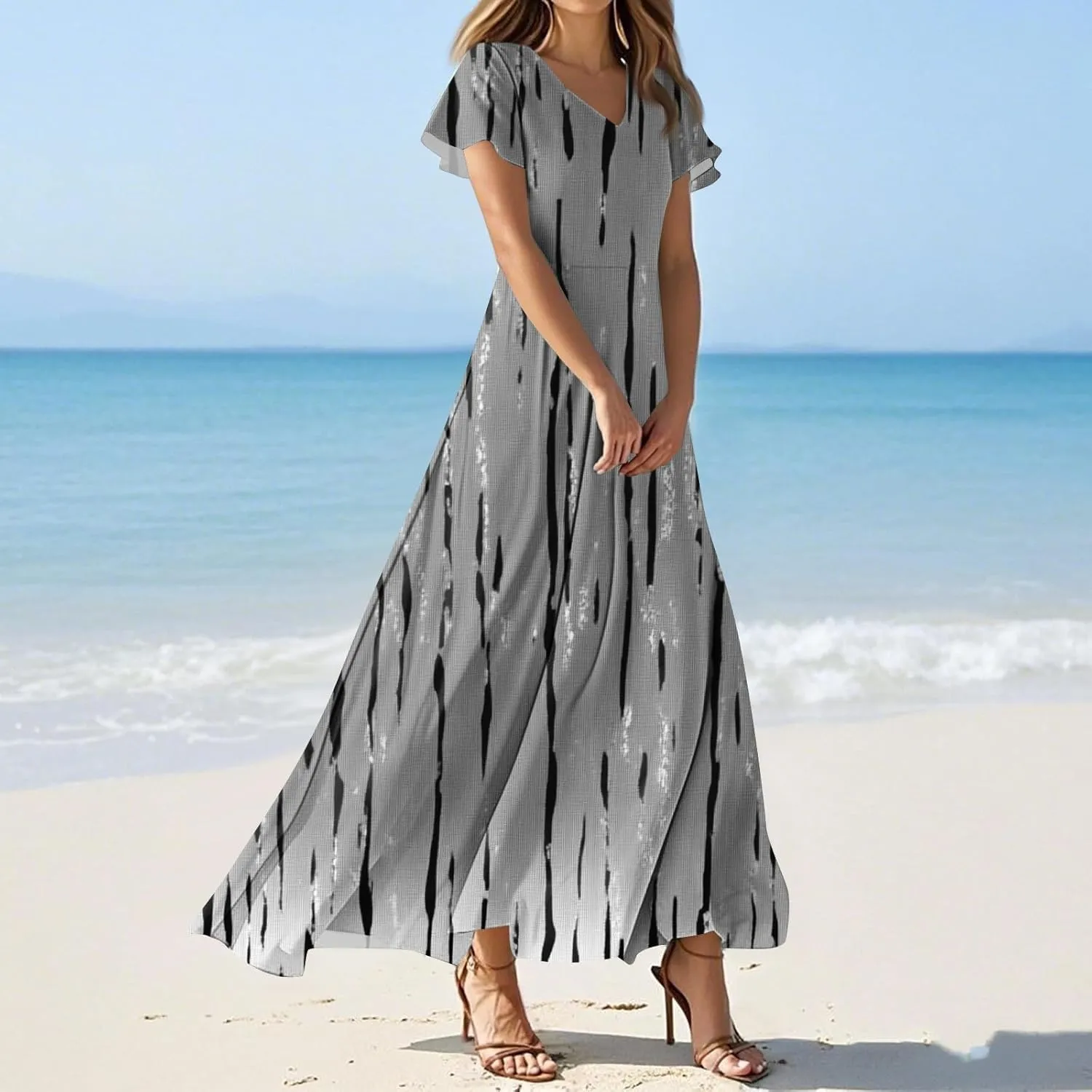 ZEFOTIM Maxi Dresses for Women 2025 Holiday Floral Dress Short Sleeve V Neck Dresses